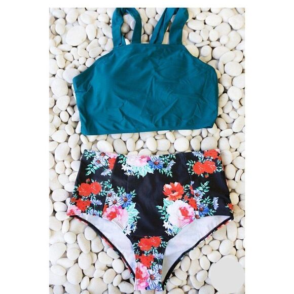NWT Floral & Teal High Waist Bikini Set - Picture 5 of 9
